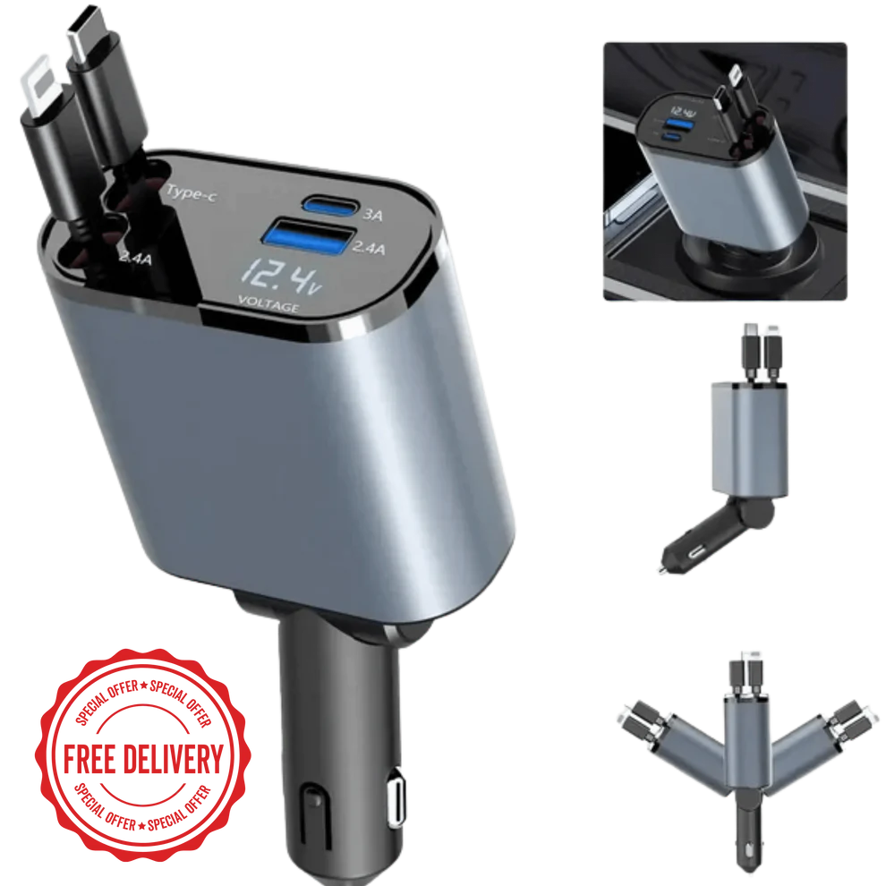 4-in-1 Retractable Car Charger | NeraCoda Pakistan
