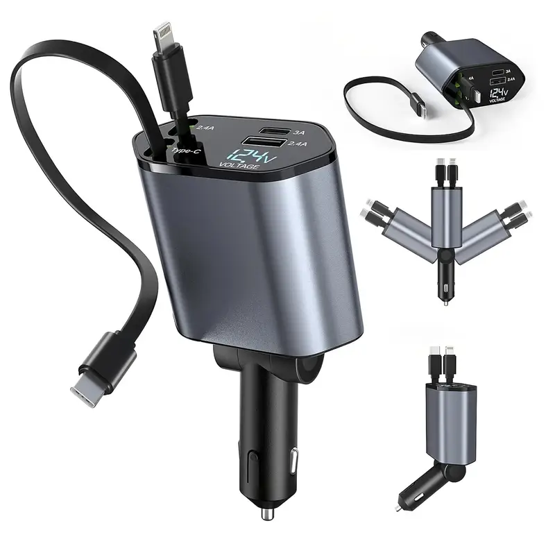 4-in-1 Fast Car Charger with Extendable Cable | Dual USB & Type-C Ports | 180° Adjustable Plug