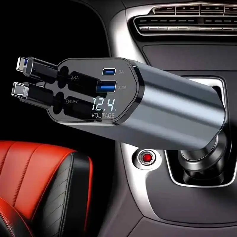 4-in-1 Fast Car Charger with Extendable Cable | Dual USB & Type-C Ports | 180° Adjustable Plug