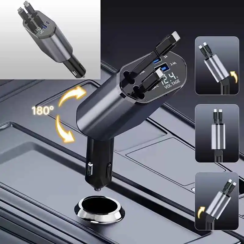 4-in-1 Fast Car Charger with Extendable Cable | Dual USB & Type-C Ports | 180° Adjustable Plug