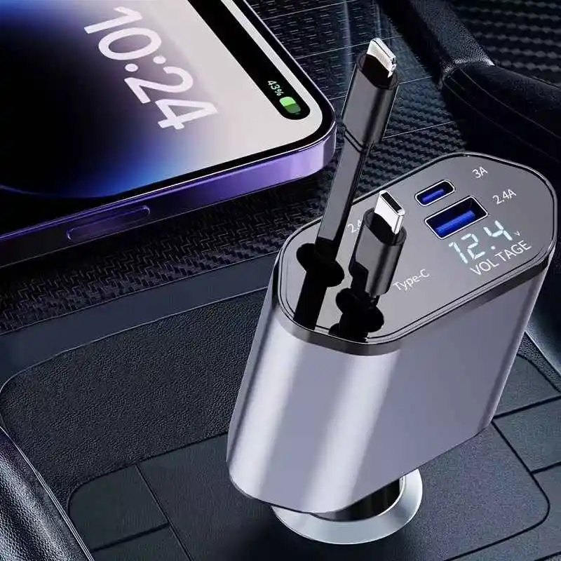 4-in-1 Fast Car Charger with Extendable Cable | Dual USB & Type-C Ports | 180° Adjustable Plug