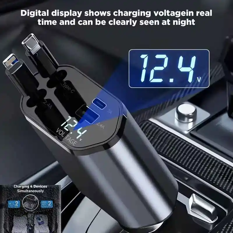 4-in-1 Fast Car Charger with Extendable Cable | Dual USB & Type-C Ports | 180° Adjustable Plug